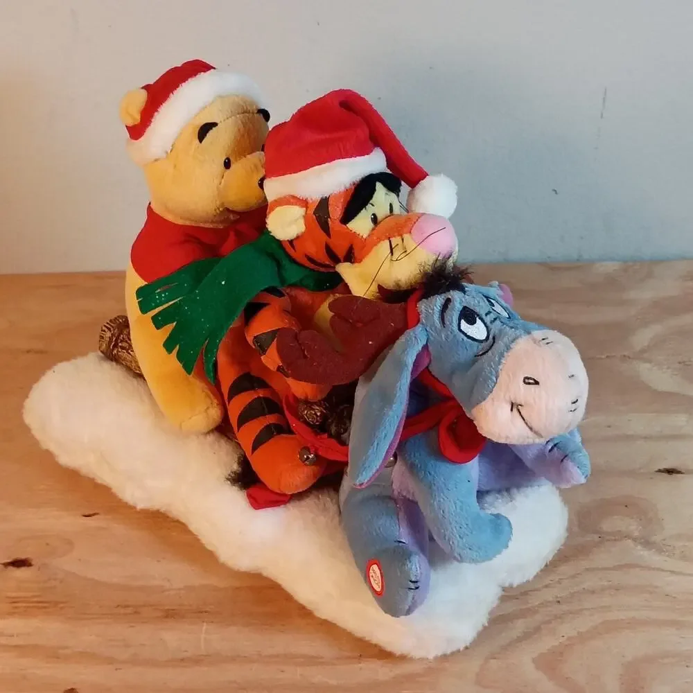 Disney Gemmy Winnie The Pooh Tigger Eeyore Animated Singing Christmas Sled Plush